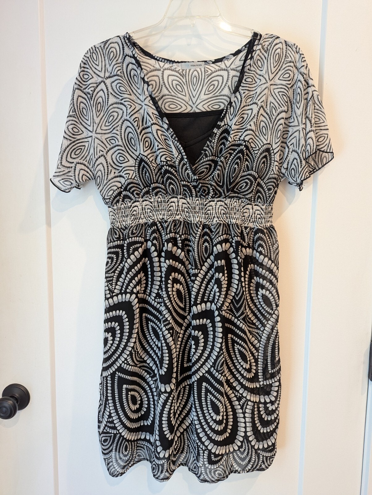 Maurice Sz0 Black White Sheer Short Empire Dress W/ Black Slip Casual